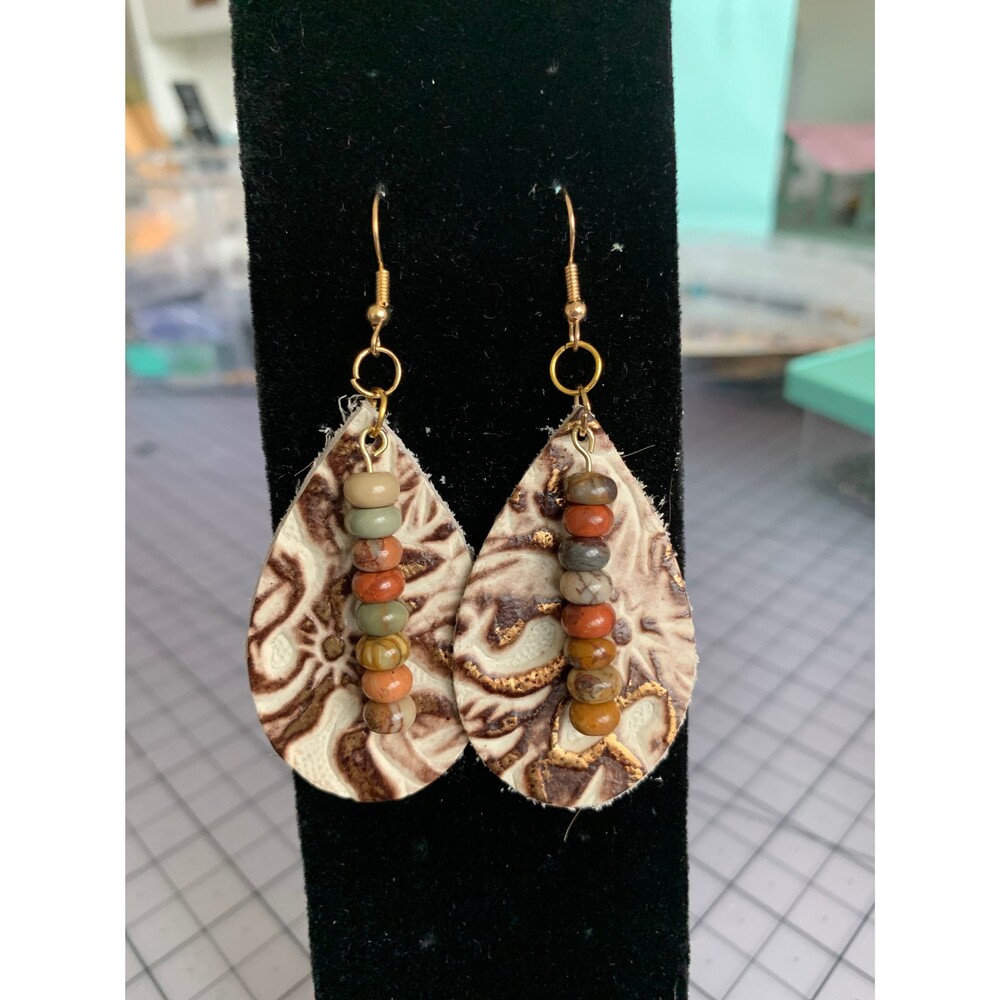 Brown Metallic Floral on Cream Embossed Leather Teardrop Earrings